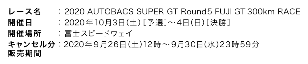 レース名：2020 AUTOBACS SUPER GT Rd.2 FUJI GT500KM RACE 開催日：2020年5月3日（日）［予選］～4日（月）［決勝］ 開催場所：富士スピードウェイ 販売期間：2020年4月1日（水）10時～4月20日（月）10時 ※コンビニ決済は4月10日（金）10時まで。